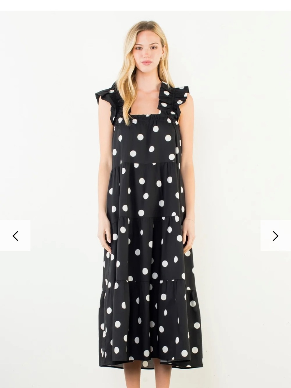 THML Black and White Polka Dot Ruffle Tiered Midi Dress